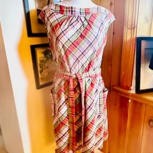 LAND’S END Red Green Pink and Black Madras Plaid Cap Sleeve Belted Dress - 6P